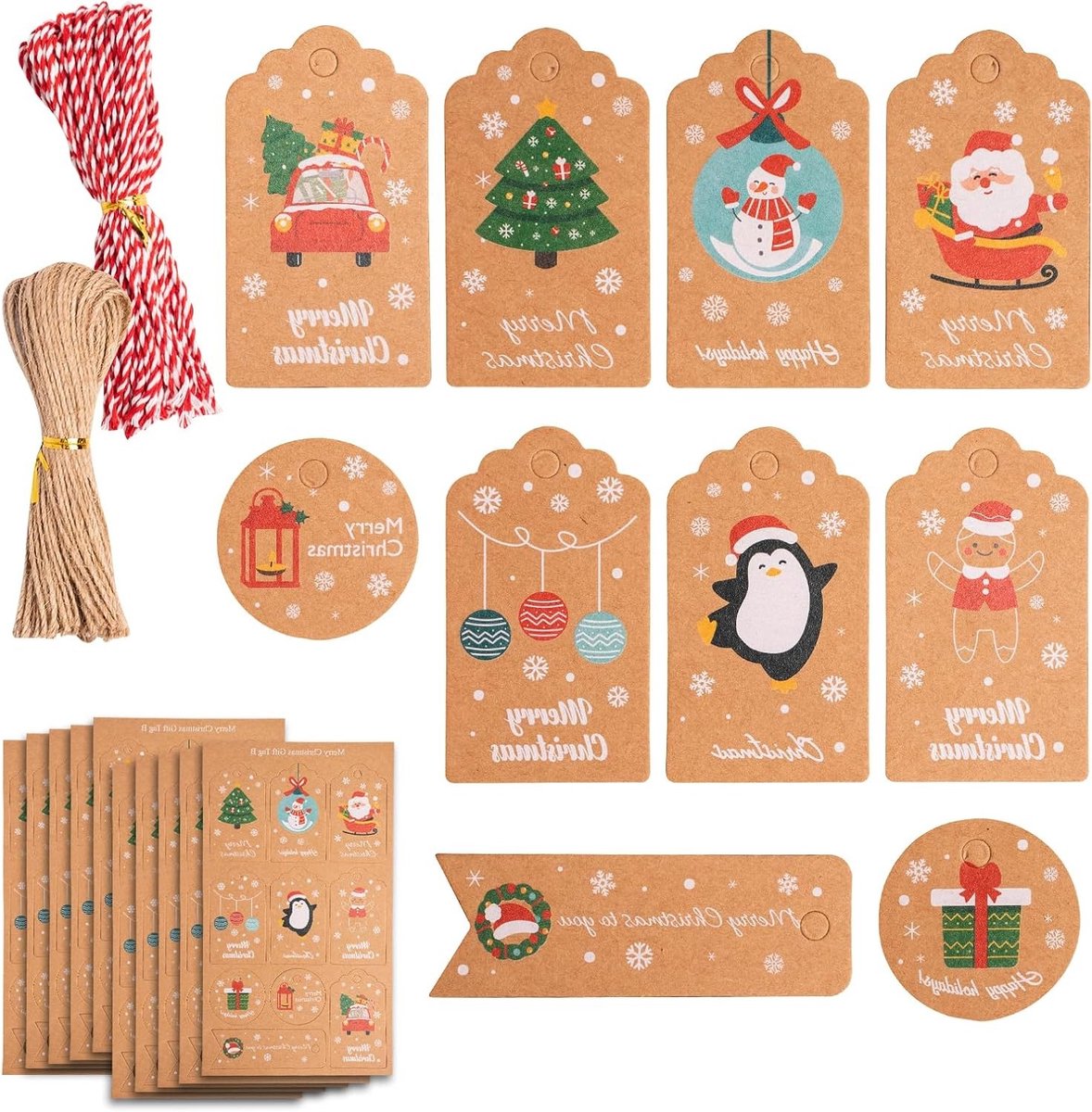 100 Stuks Kerst Cadeau Labels, Hangende Etiketten van Kraft Papier met Kleurkoord en Jute voor Kerstdecoratie en Ambachten