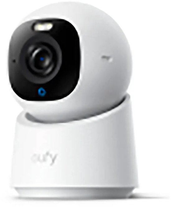 Witte eufy beveiligingscamera met camera-oog, blauw lampje en voetstuk.