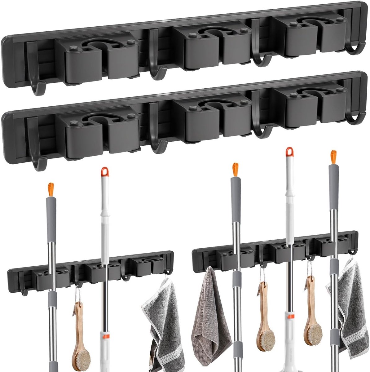 Robuuste Broom Organizer met 3 Houder en 4 Haken voor Badkamer, Garage en Tuin - Ideaal voor Moppen en Bezemmen