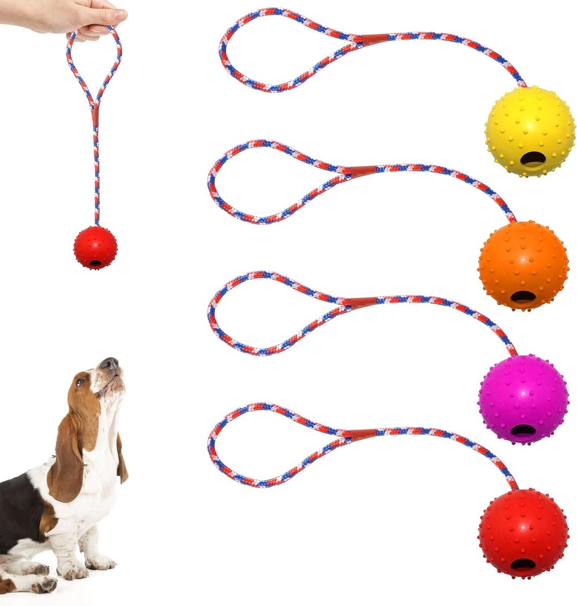 Hondenspeelgoed Set met 4 Stuks, Natuurrubber Touw en Zachte Rubber Ballen voor Grote en Kleine Honden, Ideaal voor Buiten en Interactief Spelen