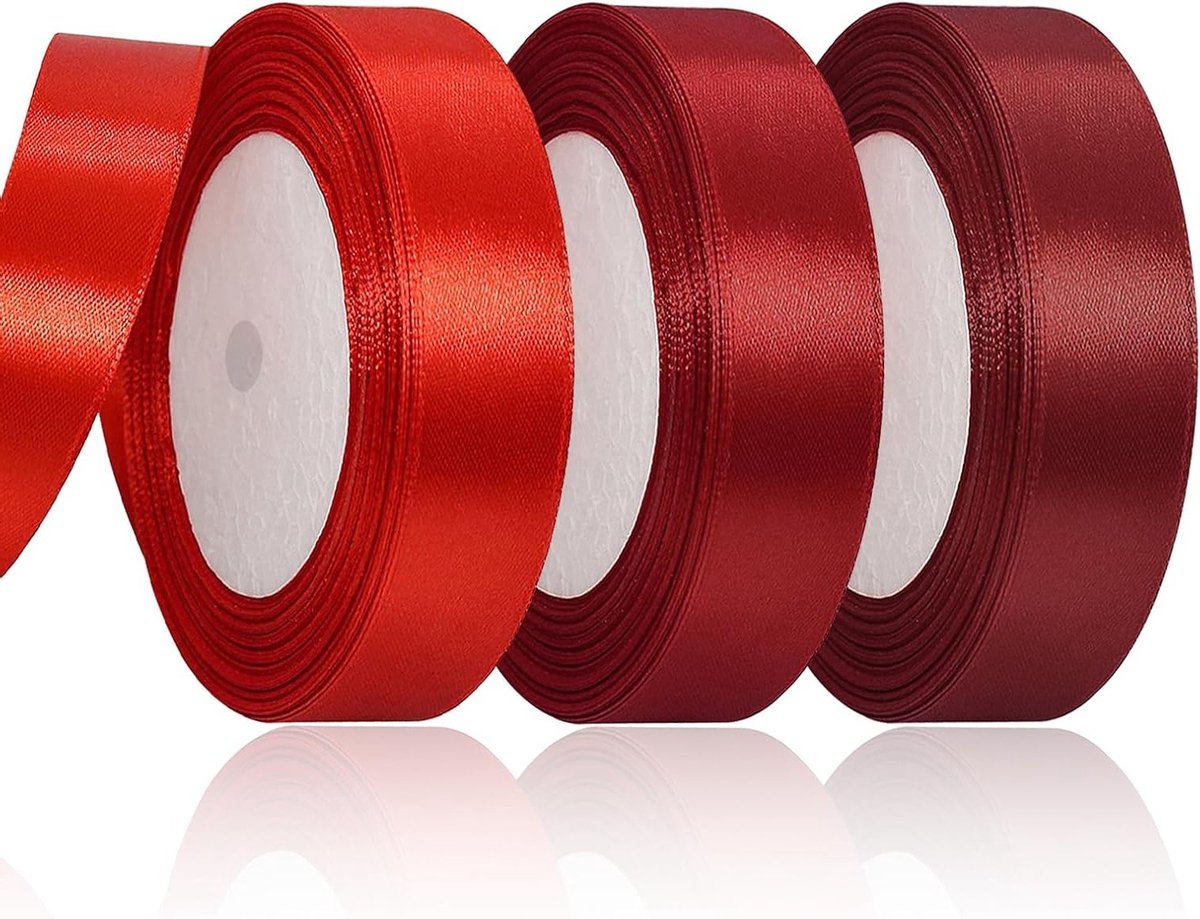 Set van 3 Stuks Rode Satijnen Cadeaulinten van 66m - 20mm Breed voor Kerstdecoratie en Cadeauverpakking