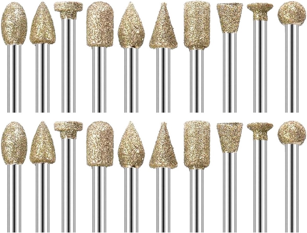 Set van 20 diamantfrezen met 3 mm schacht voor steenbewerking, graveren van keramiek en slijpen