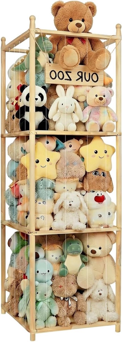 3-Laags Houten Pluche Dier Opbergrek, Ruimtebesparende Organiser voor Kinderen, Ideaal voor Speelgoedopslag en Decoratie in de Kinderkamer