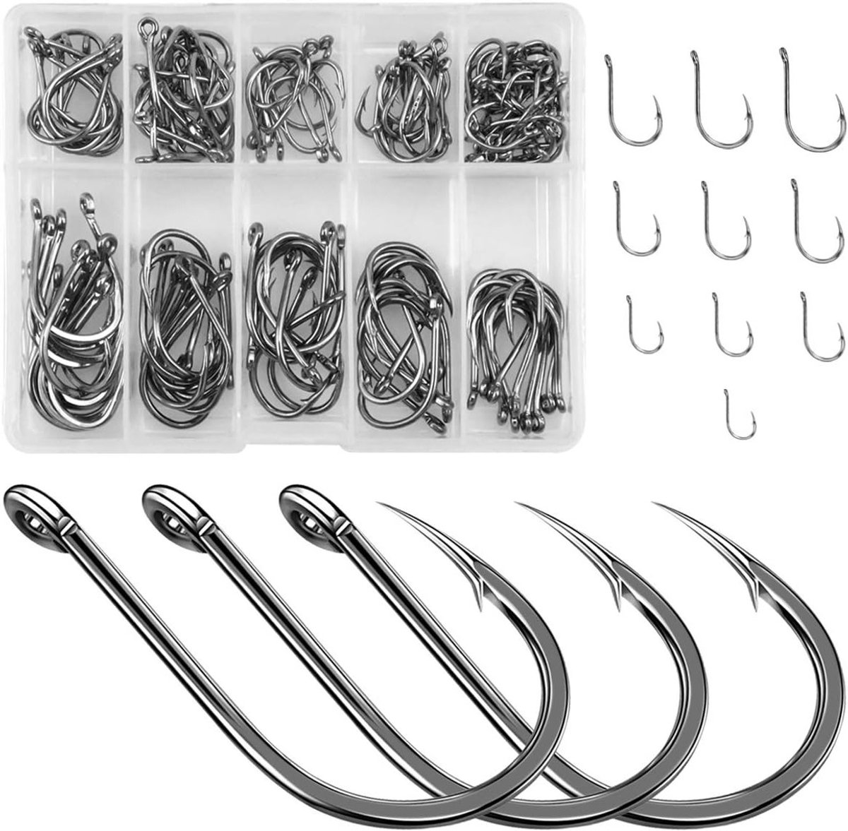 Ringen voor vishaken, 100 stuks stevige koolstofstalen haken in 10 maten, met kunststof opbergdoos, ideaal voor vissen, stekelhaken en visaccessoires