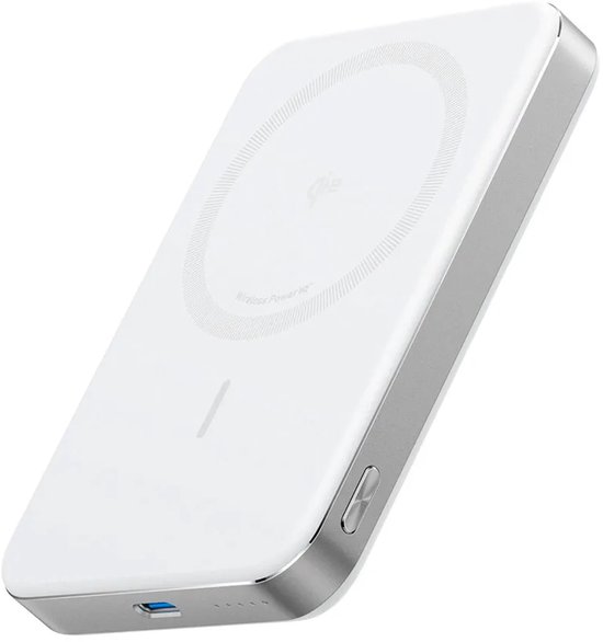 Witte Anker MagGo powerbank met zilverkleurige metalen rand. Qi2-logo en een verticale indicatorlijn.