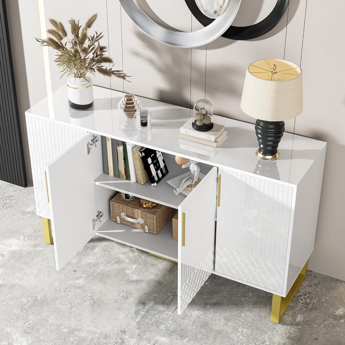 Luxe Geometrisch Design Dressoir - Hoogglans Wit met 4 Deuren en Metalen Onderstel - 140x40x80 cm