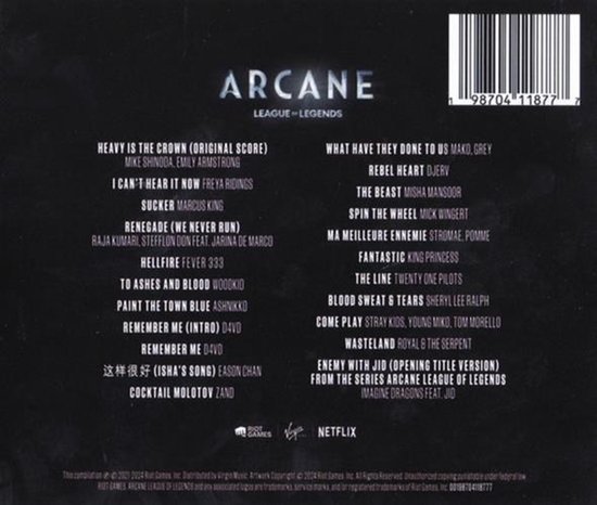 Achterkant van de cd-hoes van Arcane League of Legends met een tracklist en barcode.