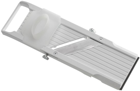 Witte Benriner mandoline slicer met scherp mes en doorzichtige plastic houder.