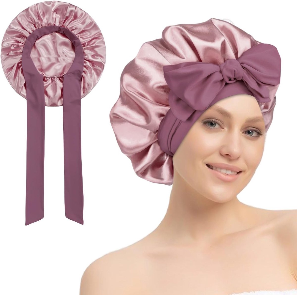 Zijdeachtige Slaapmuts met Elastische Band voor Dames en Meisjes met Lang, Steil of Krullend Haar - Lichtroze Kleur