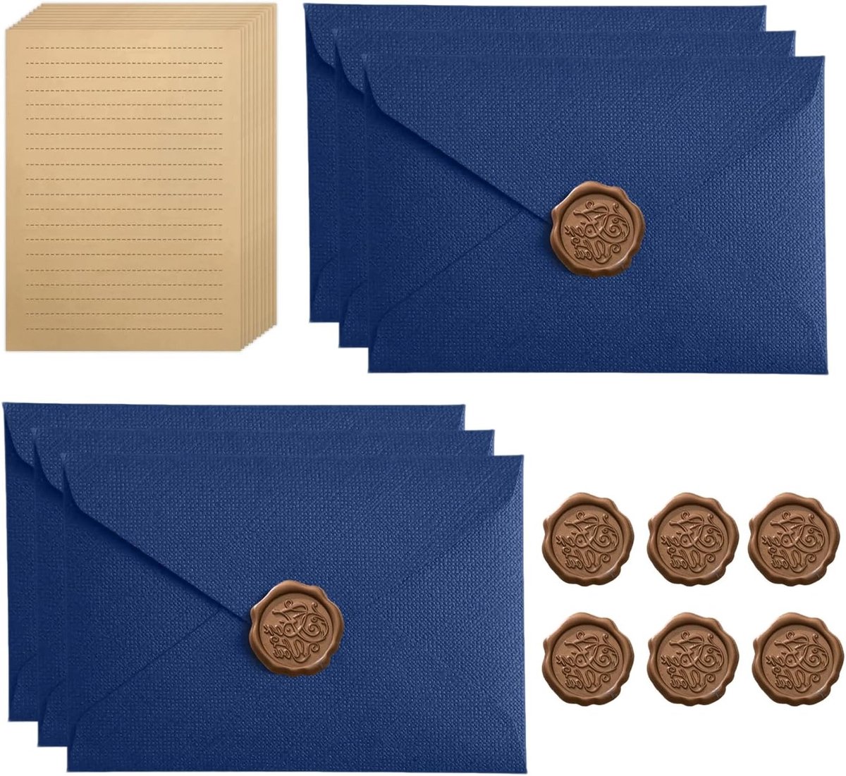 Vintage Briefpapier Set met 6 Enveloppen, 10 A5 Schrijfpapier en 6 Wasstempels voor Trouwen, Verjaardagen en Kaarten, Donkerblauw Kraftpapier