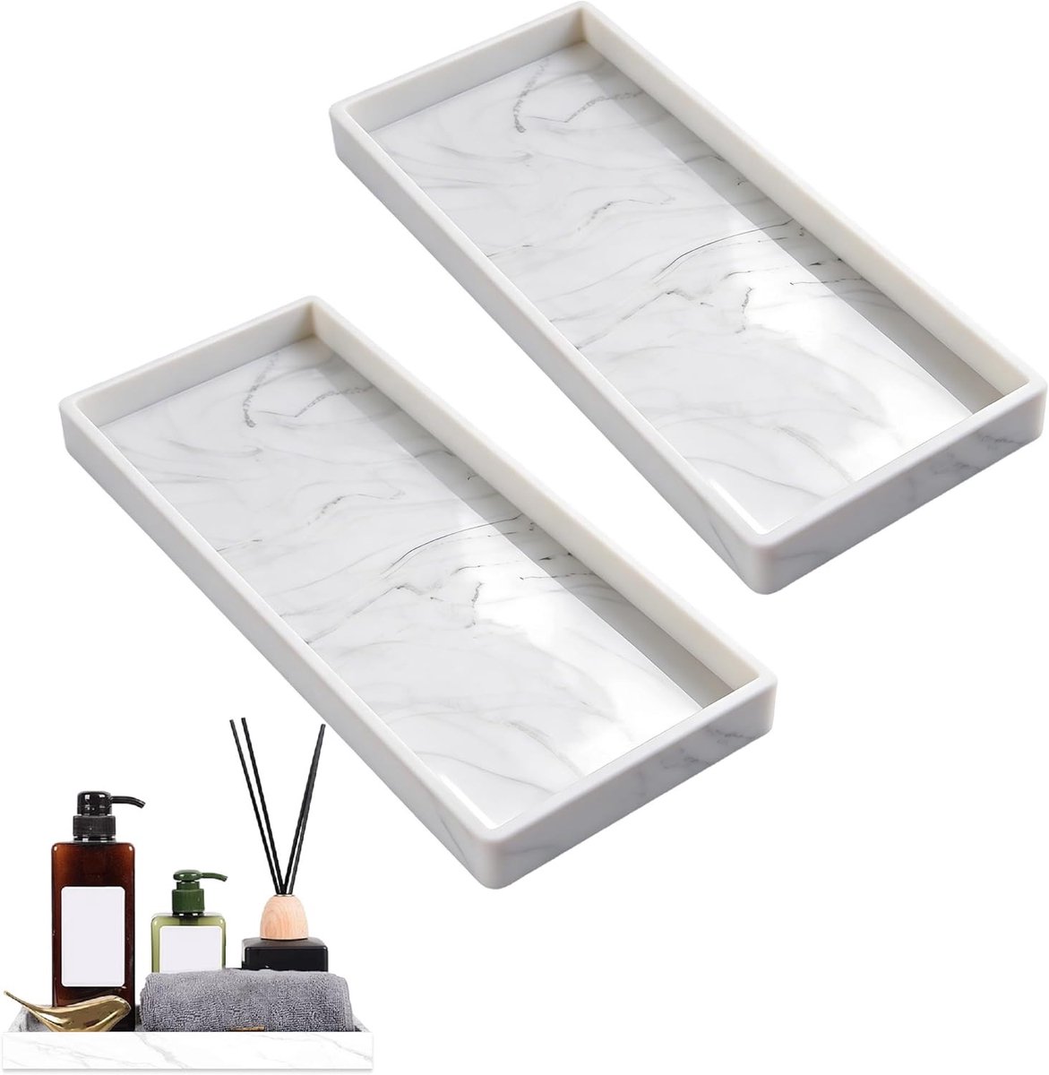 Set van 2 Rectangulaire Badkamer Ondersetjes van Silicone voor Zeep, Keuken en Badkamer (Wit Marmer)