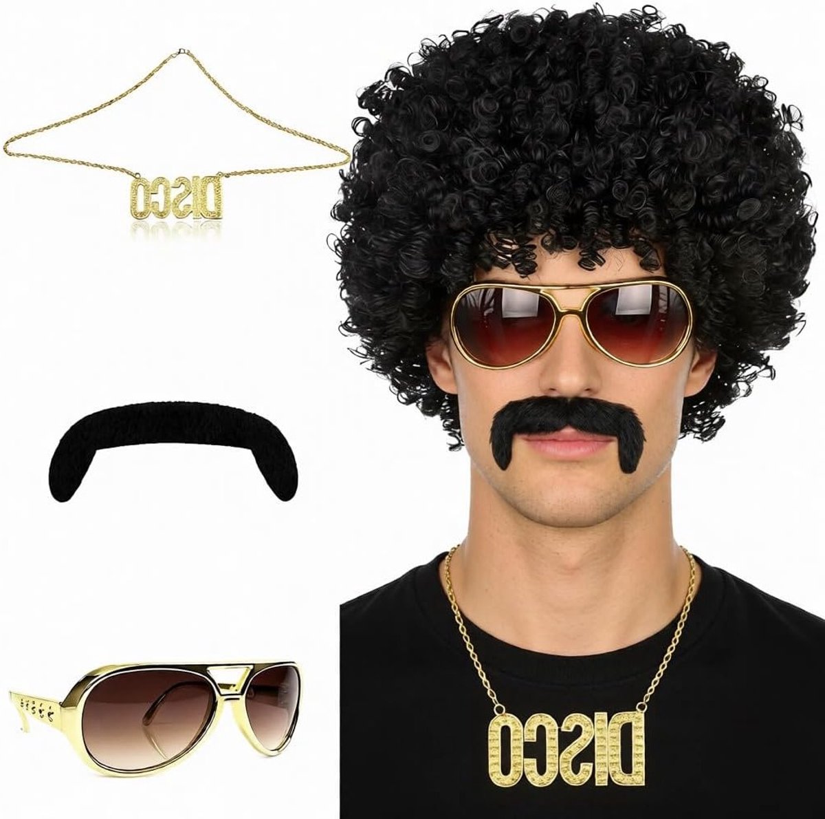 Funky Afro Vokuhila Peruk voor Mannen, Korte Krullende Haarstijl, 60s 70s Hippie Kostuumaccessoires, Retro Feestlook