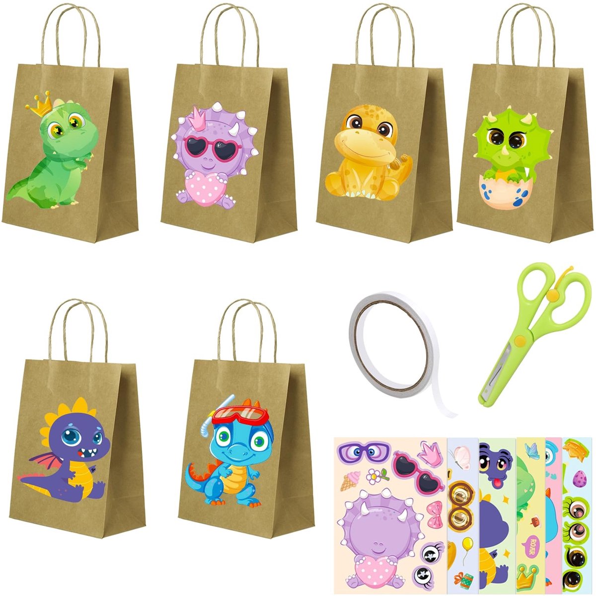 Seb2 - Dinosaur Party Bags - Herbruikbare Papieren Tas - 21x15x8cm - Dino Patroon - Feestelijke Gift Bags - Geschikt voor Kinderen - 6 Stuks