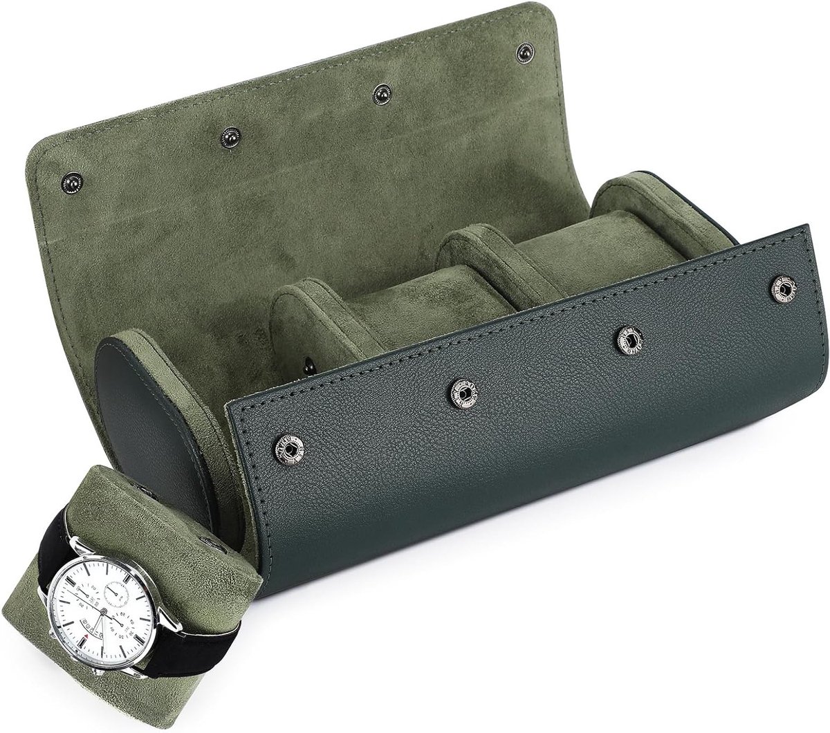 Cilindervormige Horlogedoos van Leer voor 3 Horloges, Luxe Organizer en Cadeau voor Mannen en Vrouwen, Donkergroen