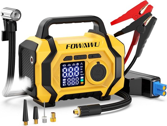Auto Jumpstarter 8000mAh met Draagbare Luchtcompressor – Acculader, LED Zaklamp & USB-lader – Noodstarter Startbooster Reisverpakking