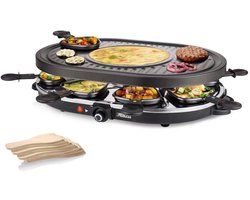 Princess Gourmetstel 162700 - Raclette Oval Grill Party - Speciaal crêpegedeelte - 8 personen - 43 x 30 cm - 2 meter snoer - 1200W - Regelebare thermostaat - 8 pannetjes
