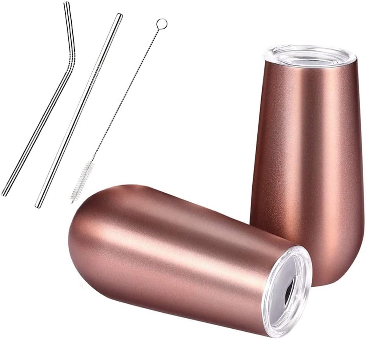 Elegante Roze Gouden Champagneglazen met Deksel en Rietje - Dubbelwandige Isolerende Tumbler voor Wijn en Champagne, Set van 2, Vaatwasserbestendig, Inclusief Wenskaart