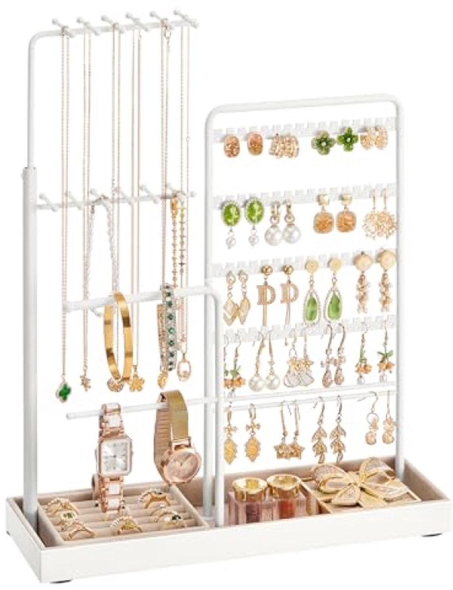 PromoHome Sieradenstandaard met uitschuifbare kettinghouder, fluwelen lade, 30,9-47,5 cm hoog, wit