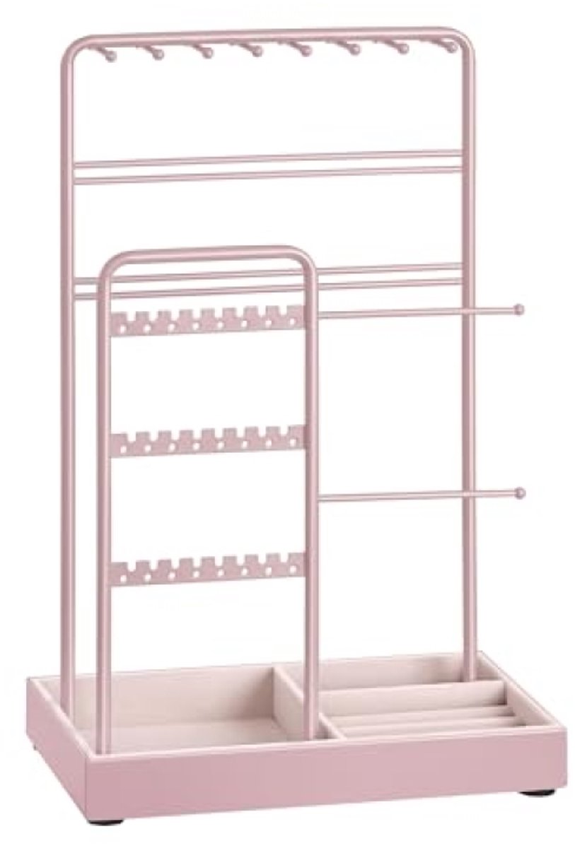 PromoHome Sieradenstandaard met Fluweel Dienblad en Metalen Frame - Sieradenhouder voor Halskettingen, Armbanden, Oorbellen, Ringen - Opslag en Cadeau - Pastelroze