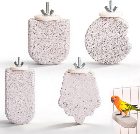 Set van 4 Vogelzitrails van Mineraalsteen voor Parkieten, Natuurlijke Nibble Bar en Klauwenverzorging