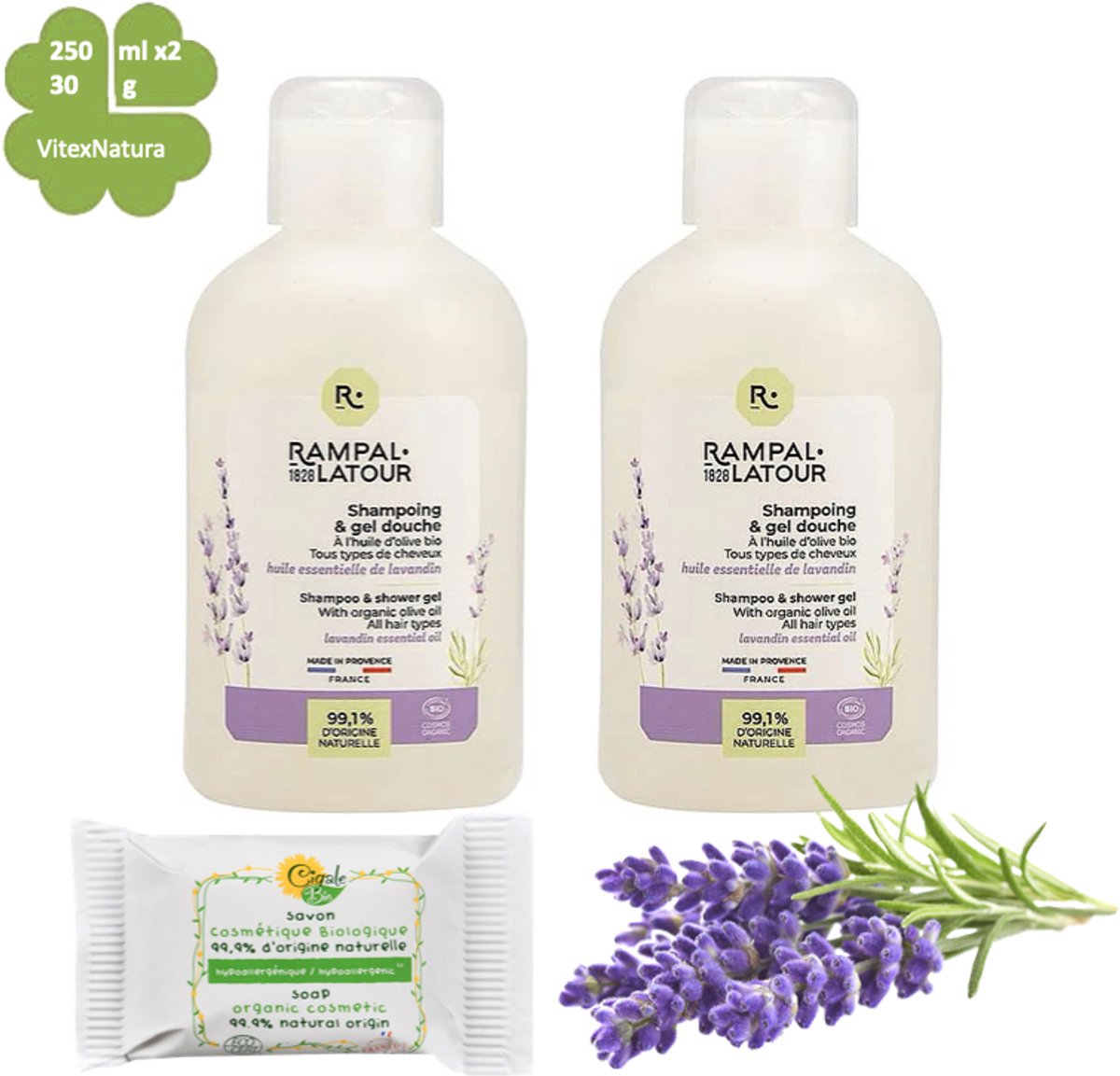 Rampal Latour 2x250ml Lavandin 2-in-1 Shower Shampoo met Olijfolie & Aloë Vera | gratis hypoallergeen zeepje