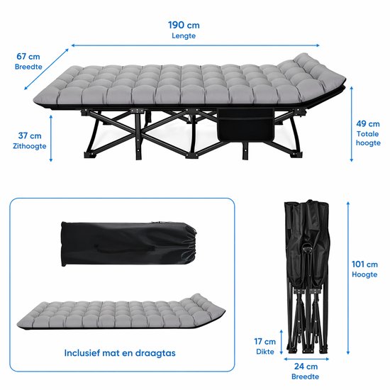 Campingbed inklapbaar met matras - 190x71x37 cm - Opvouwbaar veldbed - Logeerbed - Max 200 kg - Inclusief draagtas - Grijs van Merkloos — afbeelding 4