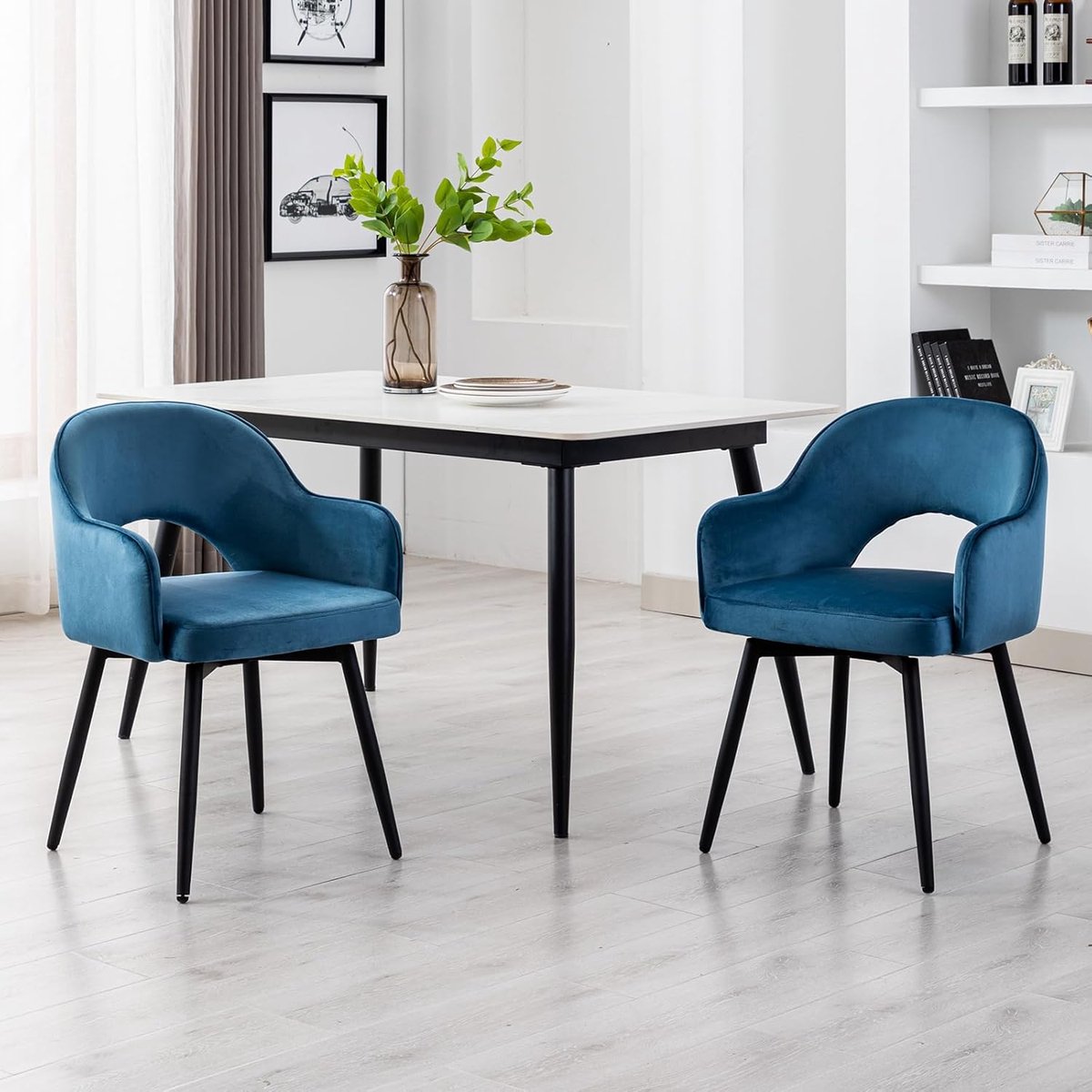 Eetkamerstoelen Set van 2 78x57x53 cm Draaibaar met Armleuning en Ring Rugleuning – Luxe Fluwelen Gestoffeerde Stoelen met Metalen Poten – Moderne Design Stoelen voor Eetkamer, Woonkamer en Kantoor – Blauw – Laura