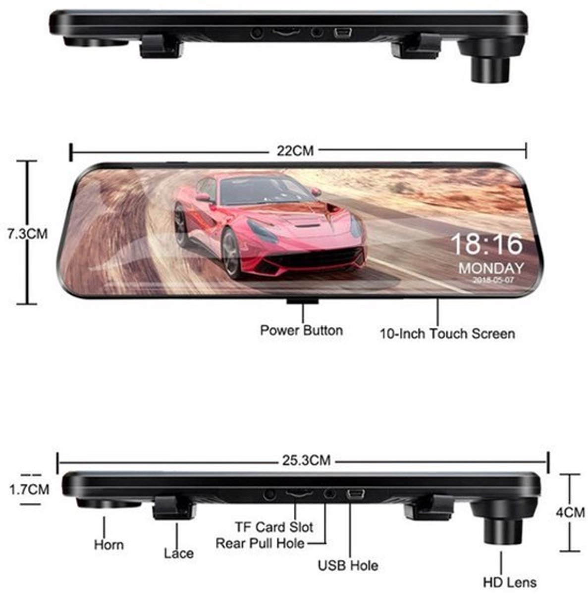 Dashcam voor Auto - 10 Inch Touchscreen Spiegelcamera - 1080P AHD Dashcam met Nachtzicht - G-Sensor - Parkeermodus - Groothoek 170° - Inclusief 6M RCC Achteruitrijcamera - Zwart
