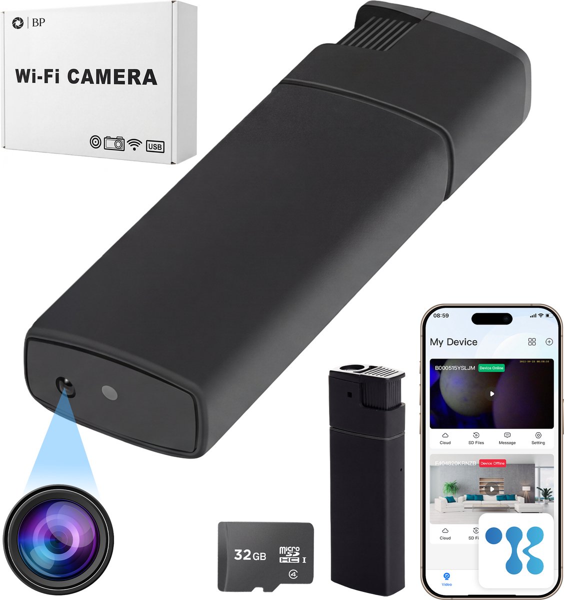 BP® Spy Camera Elektrische Aansteker - Verborgen Camera - Afluisterapparatuur - Spionage Camera - Werkt met App - Bewegingsdetectie - Nachtzicht - FULL HD 1080P - Inclusief 32 GB SD Kaart