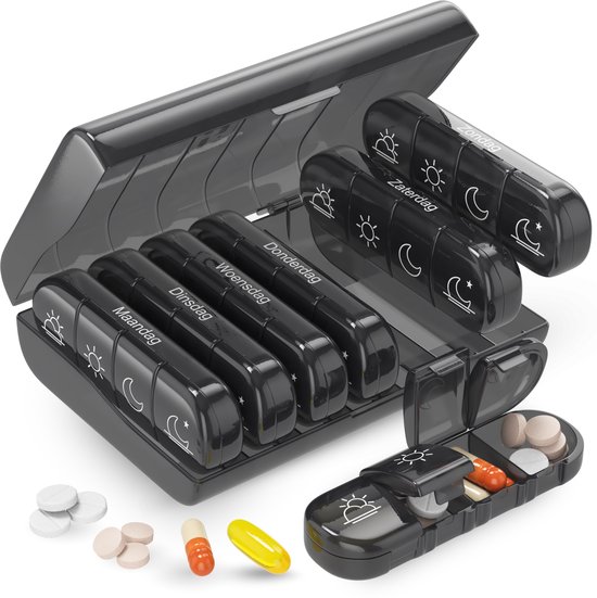 Gandria Pilulier 7 Jours - Pilulier Amovible - Boîte à Médicaments avec 28 Compartiments - Boîte à Médicaments avec Fermeture Robuste - 4 Compartiments par Jour - Zwart