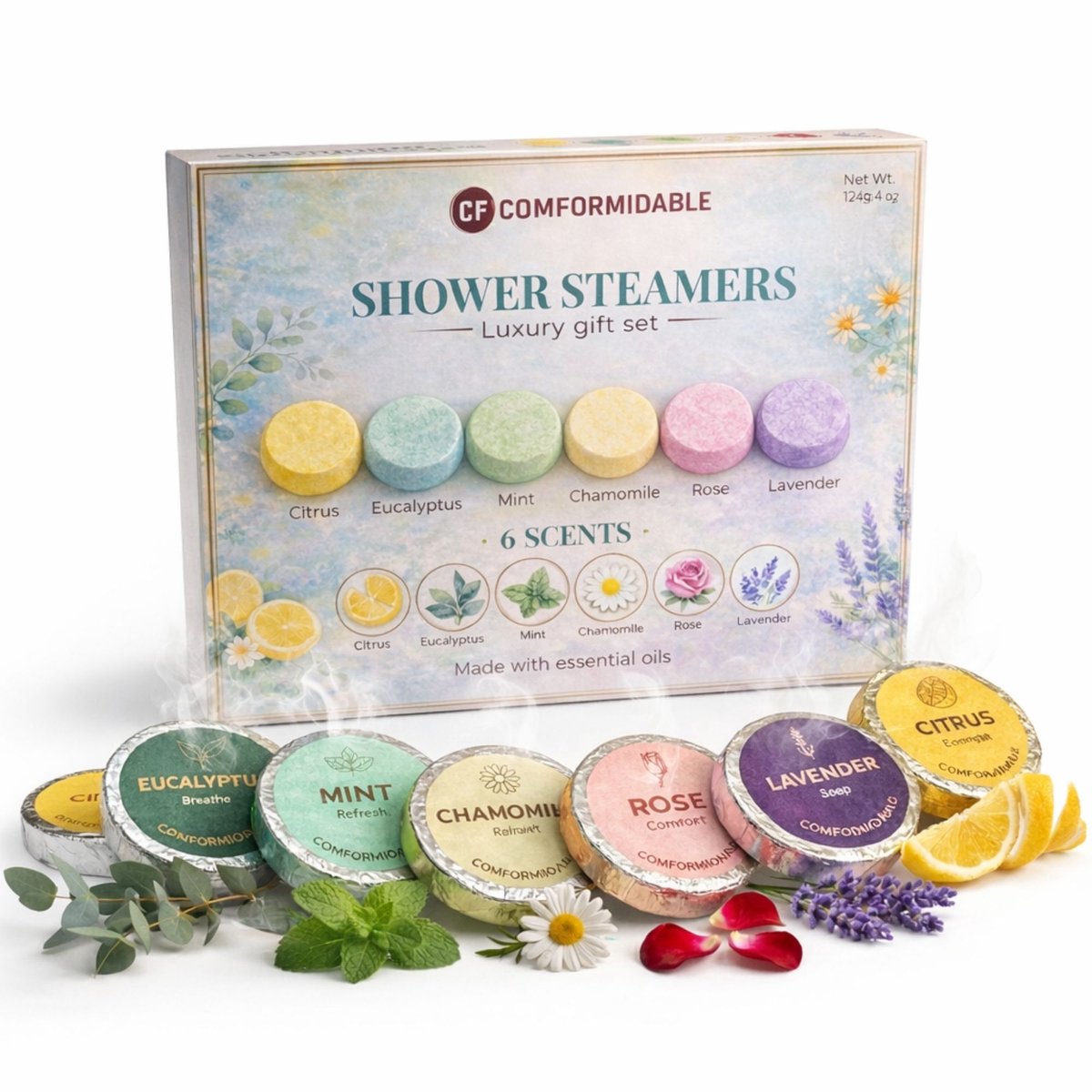 Comformidable Shower Steamers Cadeauset – 12 Douche Steamers – 6 Geuren met Essentiële Oliën – Shower Bomb - Aromatherapie Douche Tabletten – Bruisbal Douche