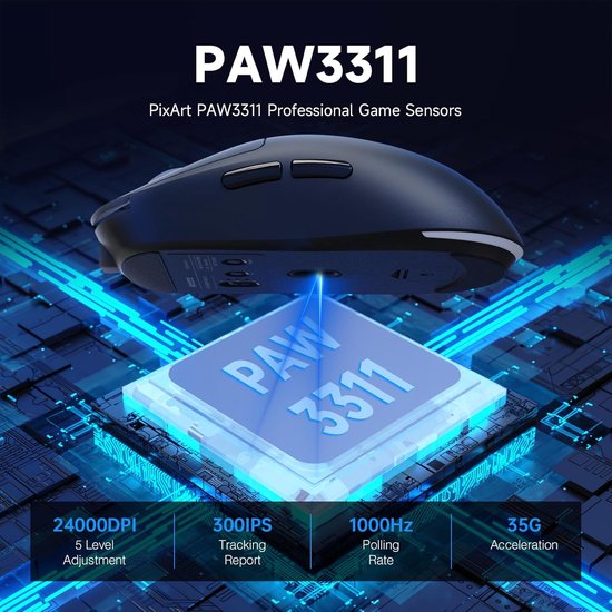 ATTACK SHARK X MAGIC-REFINER G6 Draadloze Gamingmuis, 72 g lichtgewicht, 24.000 dpi, 1000Hz Polling Rate, BT/2.4G Draadloze/Bedrade Gamingmuis, RGB, 750 mAh Batterij, met Griptape voor pc/Mac - Zwart — afbeelding 5