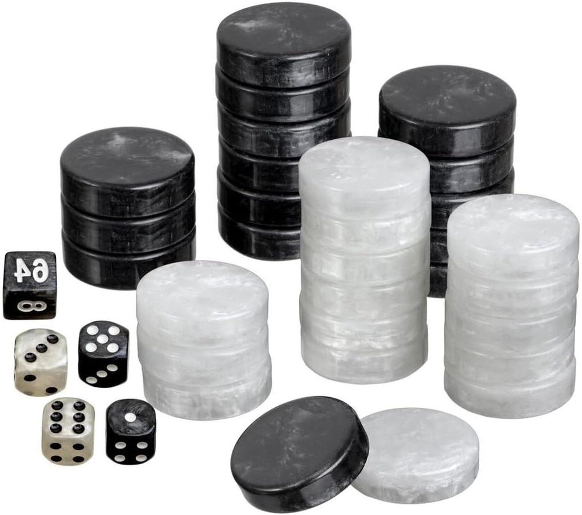 Backgammon Speelstenen - Damstenen - Traditioneel Spel - Inclusief Dobbelstenen - 34mm - Zwart Wit