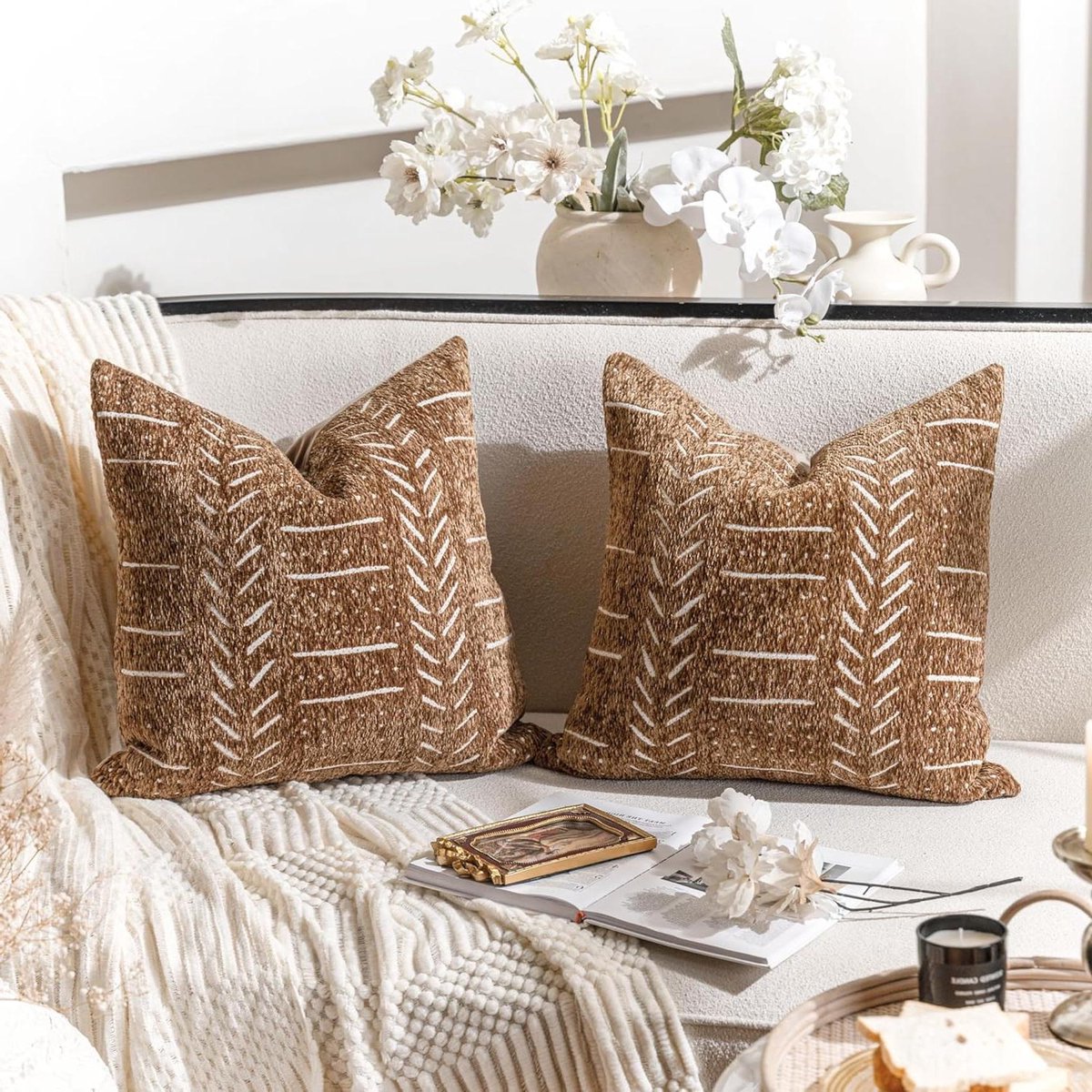 Decoratieve Kussenhoes - Boho Kussensloop - Woonkamer Decoratie - Zachte Chenille Stof - 45x45 cm - Bruin