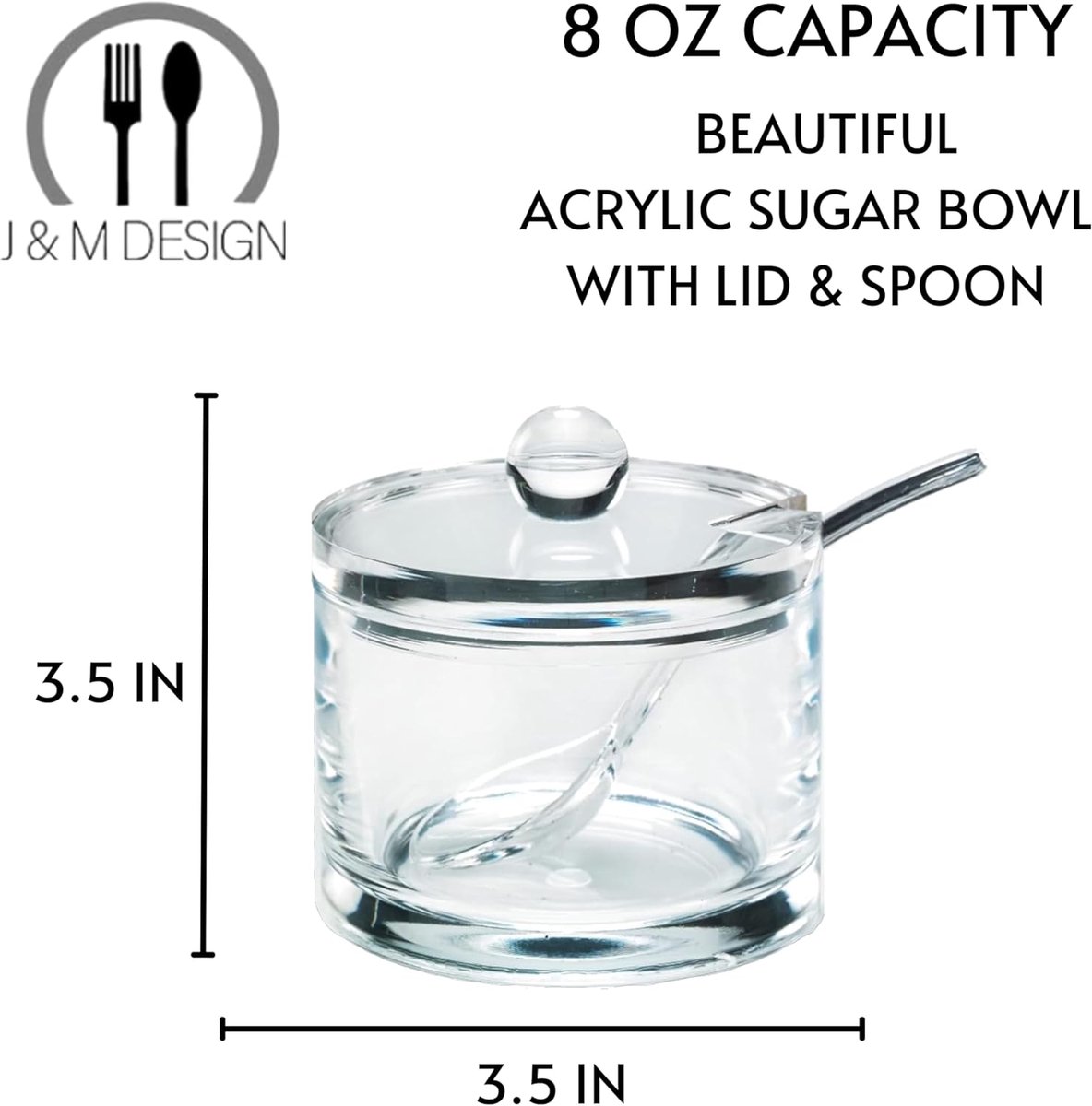 J&M DESIGN Clear Acrylic Sugar Bowl with Lid and Spoon for Coffee, Cereal Bowls, Tea, Countertop Cans and Baking - 8oz Container Jar Dispenser Holder - Dishwasher Safe — cadeau in Koken & Dineren - foto 2