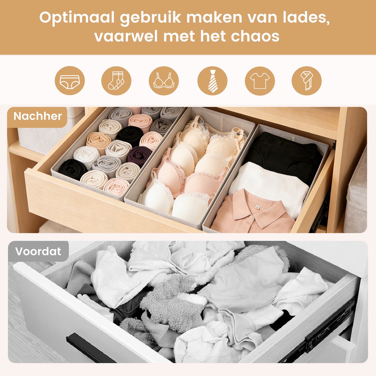 Simple Joy® Pax100 Opbergvakken voor Pax-kast van IKEA, past perfect, stevige onderkant, organisatiesysteem voor laden, voor beha's, T-shirts, sokken, lingerie, set van 6, beige
