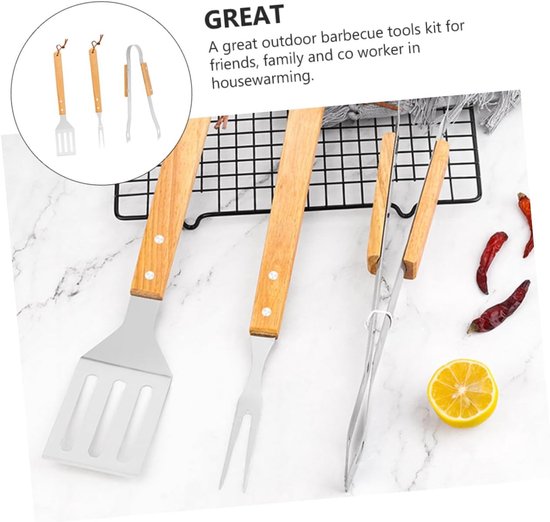 BBQ gereedschap set - RVS barbecue tools met houten handgreep - met ...