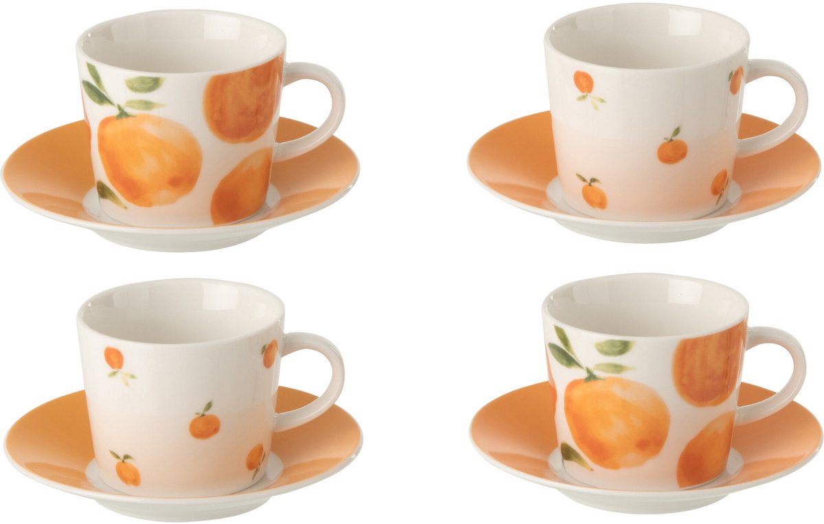 J-Line kopje + schoteltje Orange - keramiek - wit/oranje - small - doos van 4