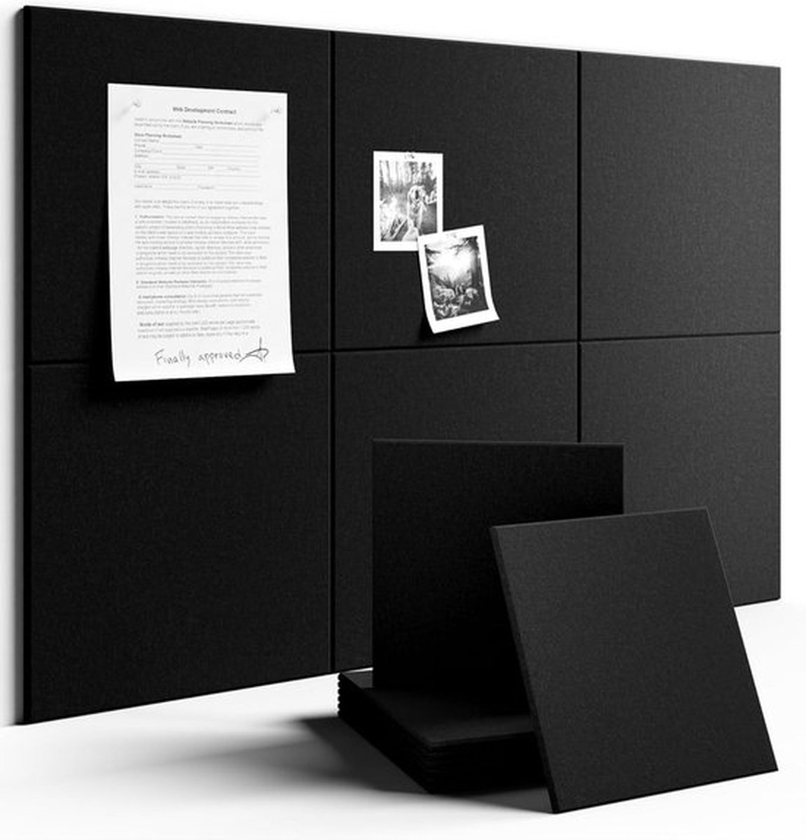 Groot vilten prikbord 90 x 60 cm, 6 zelfklevende panelen als alternatief voor kurkbord, dikke wandpanelen, prikbord voor thuis, kantoor of klaslokaal, zwart