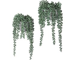 MyGift Artificial String of Pearls, Plants in Wall Hanging Grey Cement Planters, Set of 2