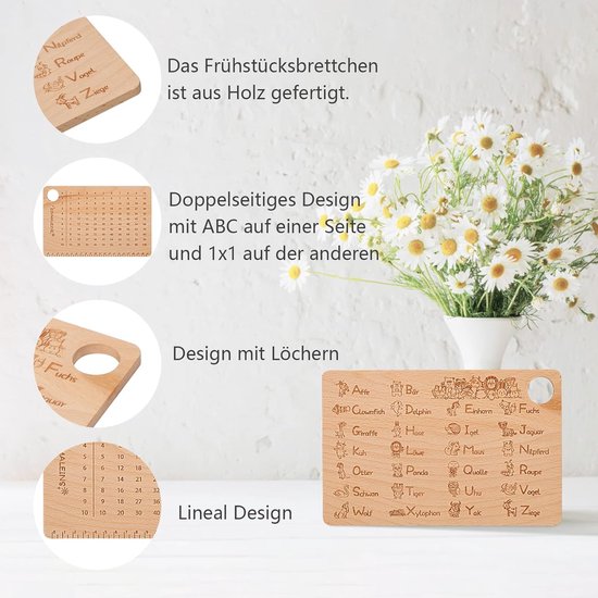 Ontbijtbord Leren - Houten Plank - Spelend Leren - Dubbelzijdig Ontwerp - 23 x 15 cm - Natuurlijk Hout — afbeelding 3