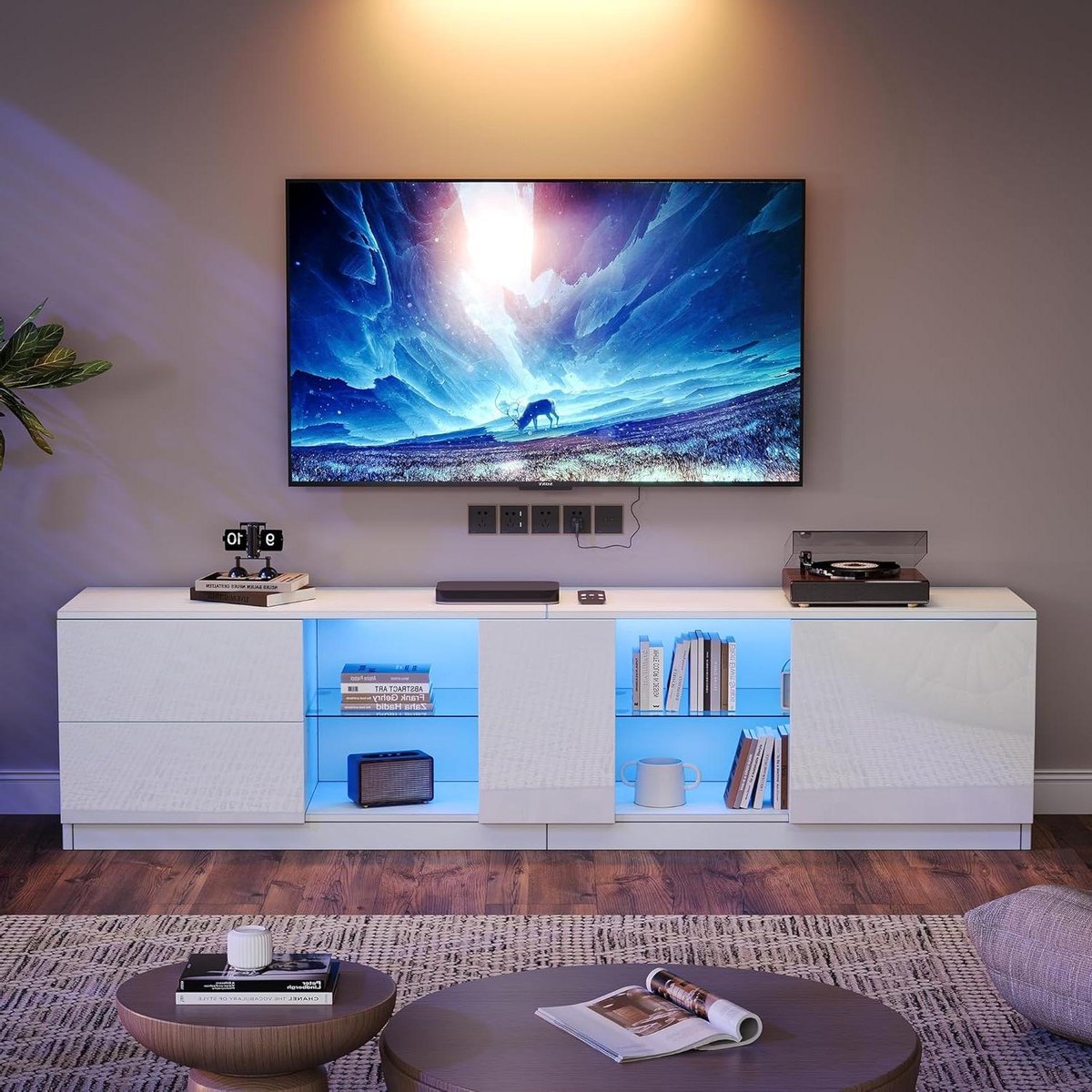 160 cm hoogglans TV-kast met LED-verlichting, TV-meubel met 2 laden en 1 kastdeuren, moderne televisiekast, televisiekast voor de woonkamer, TV-lowboard, wit