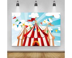 Renaiss 1.5x1m Circus Photography Background Blue Sky Red White Tent Carnival Backdrop Children Birthday Party Decorations Dessert Cake Table Banner Baby Shower Studio Photo Props