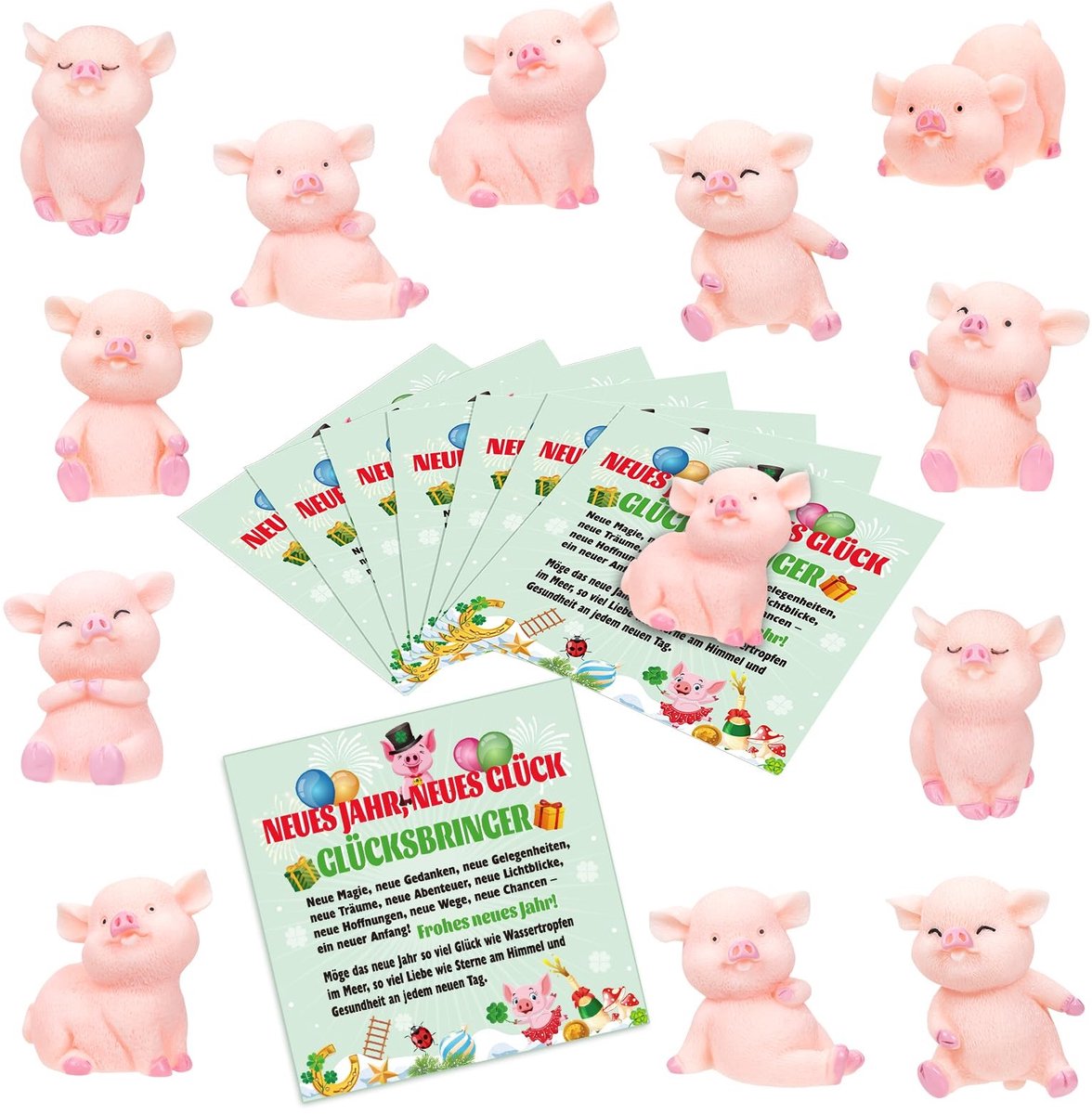 DPKOW Geluksbrenger Varkentjes Set - 16 Stuks Roze Miniatuur Geluksvarkens met 8 Gelukskaarten voor Oudejaarsavond