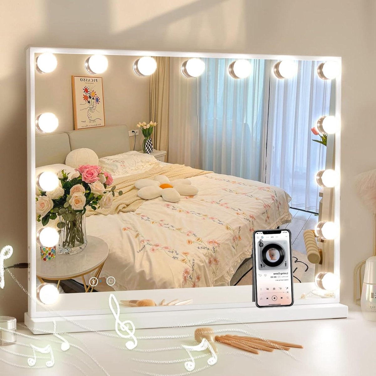 COOLJEEN Makeup Mirror with Lights and Bluetooth, Hollywood Makeup Mirror with 15 Dimmable LED Bulbs and USB Charging Port, Lighted Makeup Mirror, 3 Colours Lighting, Tabletop, Makeup Mirror,