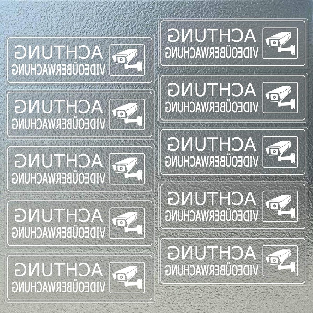 Waarschuwingsstickers Videobewaking - Camerabewaking Schild - Beveiliging Huis - Binnenlijm Spiegelbeeld - 15 x 5 cm - Wit