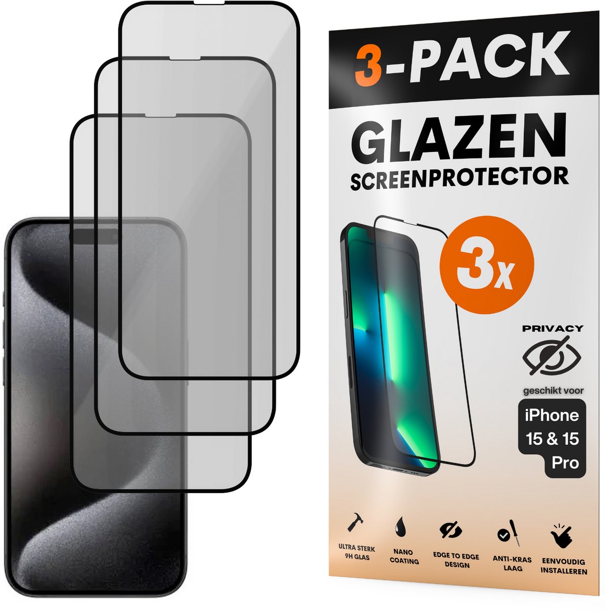 Privacy Screenprotector - Geschikt voor iPhone 15 / 15 Pro - Gehard Glas - Full Cover Tempered Privacy Glass - Case Friendly - 3 Pack