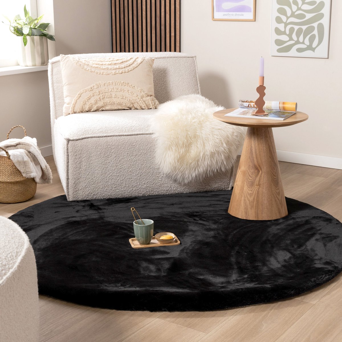 NATURL. Rond Hoogpolig vloerkleed - Comfy Supreme Zwart - Ø 160cm