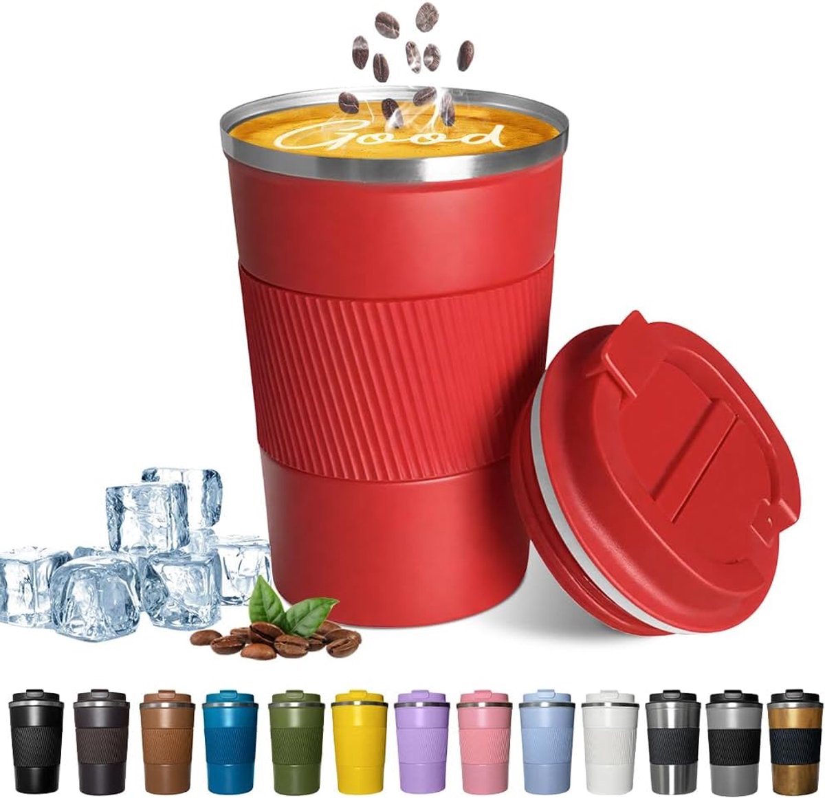 Thermische reisbeker - lekvrij - draagbare roestvrijstalen koffiebeker - met deksel, herbruikbaar - voor warme en koude dranken - 380 ml (rood)