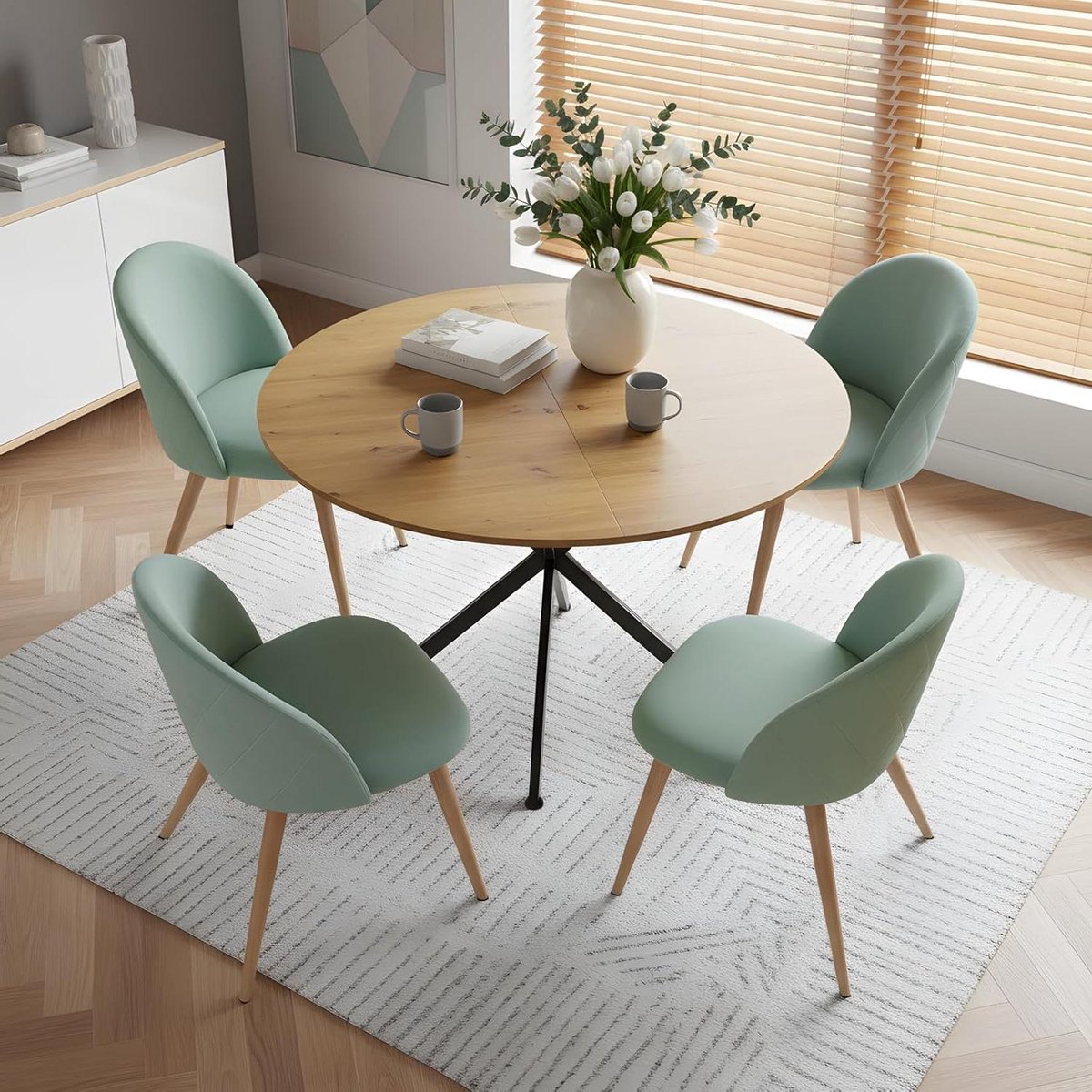 Eetgroep Set - Tafel met stoelen - Gezellig dineren - Fluwelen stoelen - 120 cm tafel - Groen